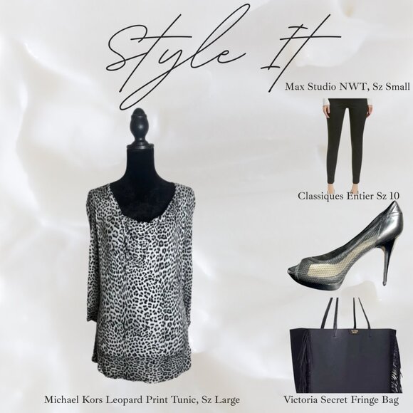 Michael Kors Leopard Print Long Sleeve Longline Tunic Blouse, Slouch Neck, Large - Picture 2 of 8